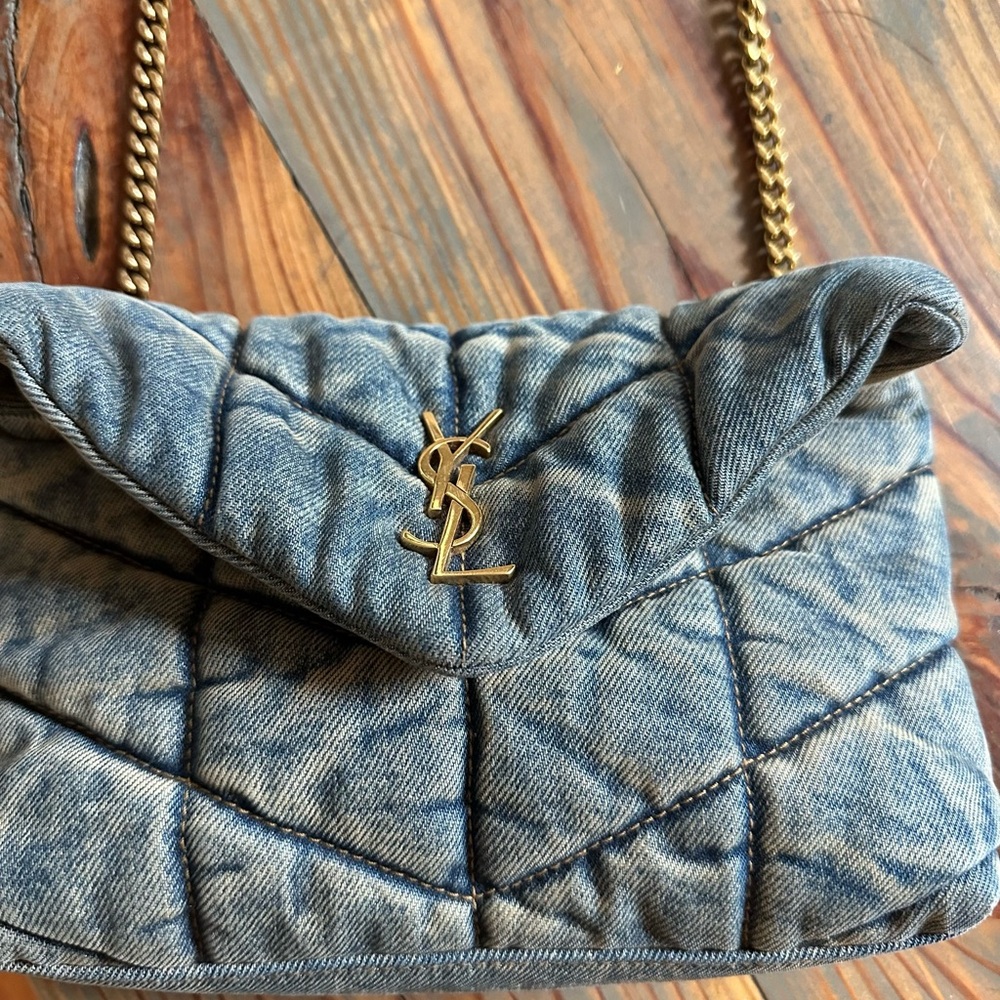 Yves Saint Laurent Blue Quilted Shoulder Bag with Gold Chain